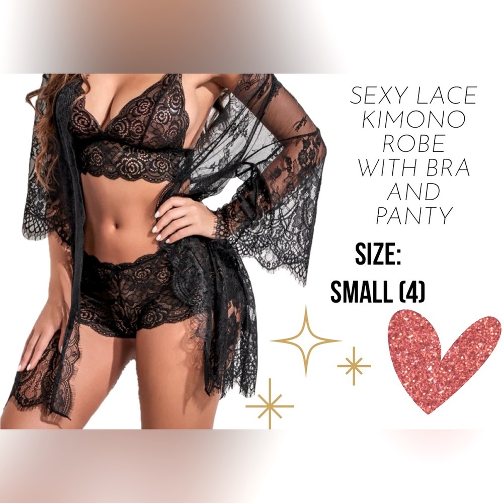 Be MY ❤️
Black Lace Lingerie 4 Piece Bra & Panty Set w/Robe & Belt | Sz Small